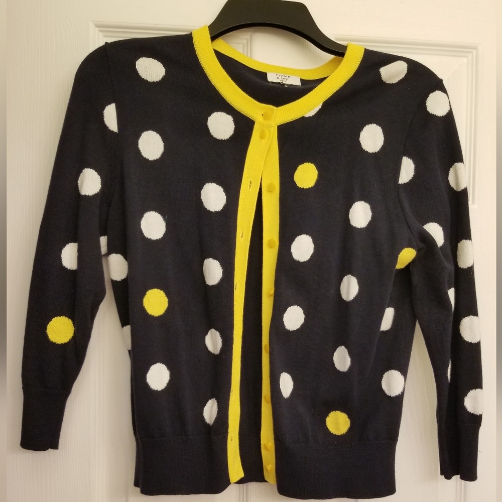 Ladies Crown and Ivy Blue and White Polka Dot Cardigan Sweater